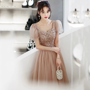 Evening Gown Square Collar A-Line Chiffon Vintage Empire Waist Khaki Polyester Formal Wear - Product Image 1