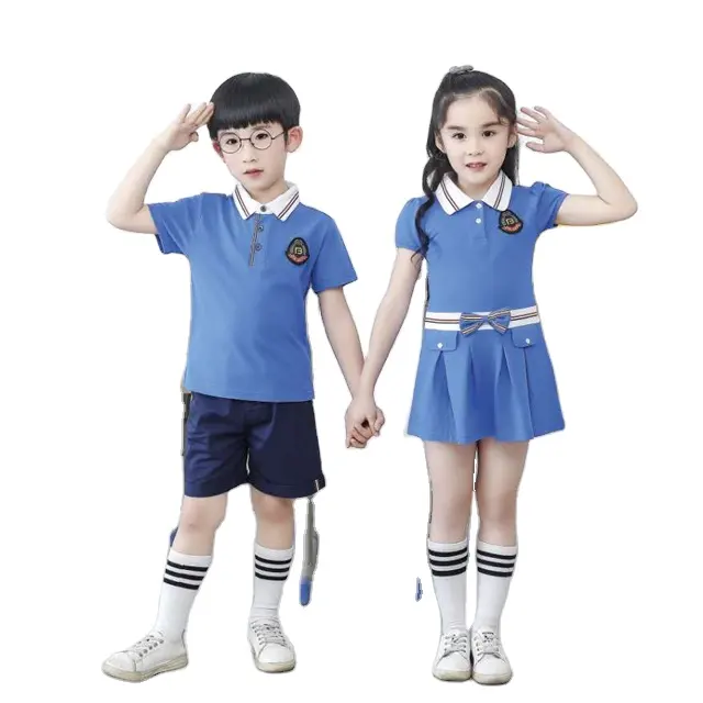 Kindergarten School Boys & Girl Shirt Dress Uniforms for Children Custom Logo White Cotton Summer Polybag Blue Sets for Unisex