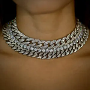 Iced Out Gelang Pria dan Wanita, Kalung Choker 5A Zirkonia Kubik Cz 12Mm Rantai Tautan Kuba