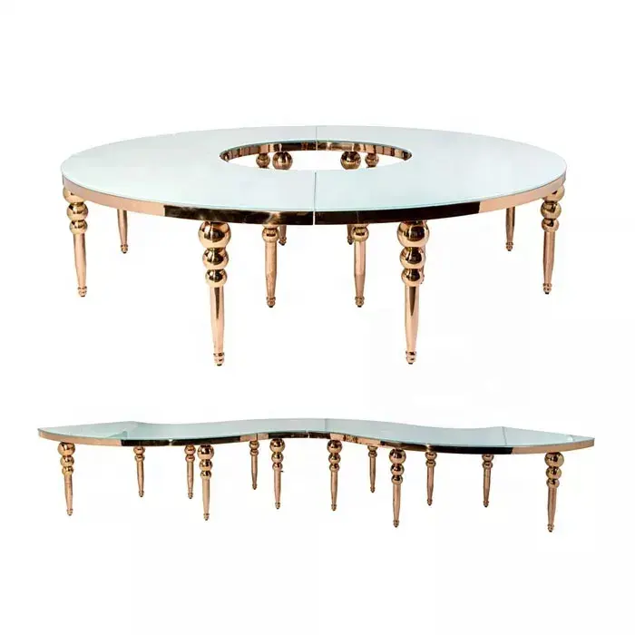 Роскошный круглый стол из нержавеющей стали для банкета, обеденный стол, стеклянный серпантин, свадебный торт, стол для мероприятия