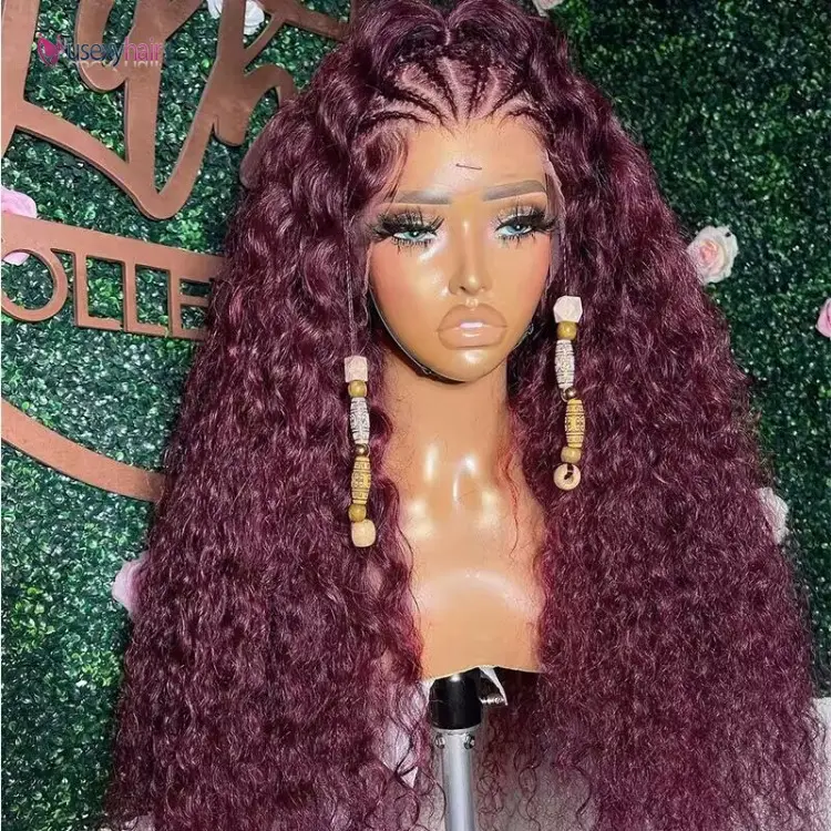 Wig renda HD 13x6 Tidak terlihat wig rambut manusia keriting Brasil wig depan renda gelombang tubuh berwarna Burgundy 99j