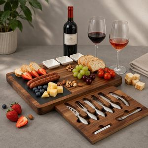 Planche à fromage en bois d'acacia de qualité supérieure avec ensemble de couteaux, certifiée FSC LFGB FDA, planche à charcuterie, cadeau de Noël, cadeau de mariage, fournitures en gros - Product Image 1