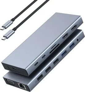 Station de charge étendue pour ordinateur portable 15-en-1 avec double HDMII 4K 30Hz VGA 1080P 60Hz Audio avec micro câble étendu de type C 0.5m