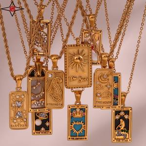 Özel Tasarım Paslanmaz Çelik Su Geçirmez 18 Ayar Altın Burç Kartları Mineli Vintage Kare <span class=keywords><strong>Tarot</strong></span> Zincirli Kolye - Product Image 3