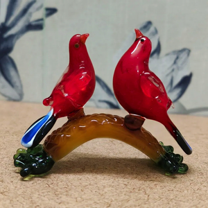 Figurines d'oiseaux jaunes en verre soufflé à la main, paire sur branche, décoration artistique, sculpture animale de collection, faite à la main - Product Image 2