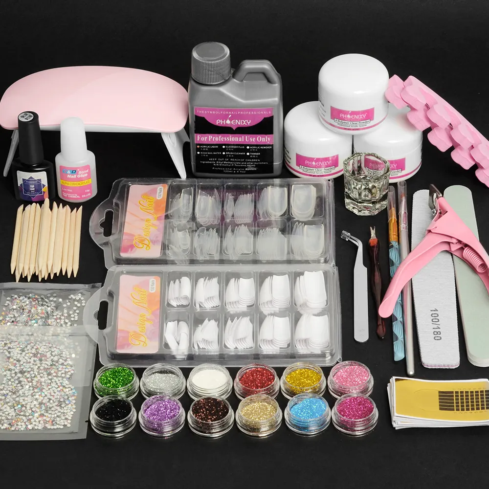 Kit de uñas acrílicas con lámpara Led UV, purpurina, decoración artística de manicura, suministros profesionales para salón de belleza, venta al por mayor