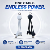Câble de charge LED portable 4-en-1 avec logo personnalisé, en nylon tressé, USB-A, USB-C, Micro USB, avec porte-clés