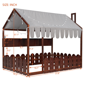 Cama Montessori de tamaño completo <span class=keywords><strong>para</strong></span> niños, cama de piso con barandillas, tienda de campaña, luces y 3 estantes de almacenamiento, color espresso - Product Image 6