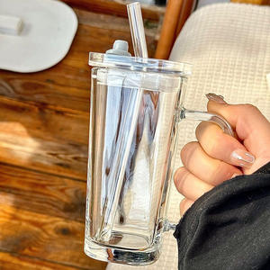 Seaygift 250毫升透明垂直罗纹条纹方形玻璃咖啡不倒翁杯果汁奶茶杯，带手柄吸管和盖子 - Product Image 5