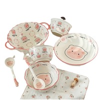 Ensemble de bols et assiettes en céramique à motif de cochon mignon, passe au micro-ondes, finition sous glaçure, vaisselle domestique