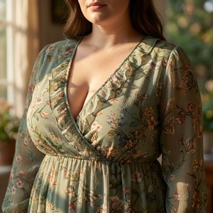 Abito Midi Floreale in Chiffon da <span class=keywords><strong>Donna</strong></span>, Scollo a V, Vita Impero, <span class=keywords><strong>Maniche</strong></span> <span class=keywords><strong>Lunghe</strong></span>, 100% Poliestere, Non Trasparente, per Invitate a Matrimoni, Taglie Forti S-5X - Product Image 2