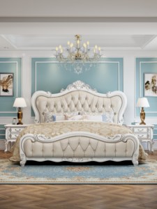 French Style King Size Sleigh <b>Bed</b> With Tufted Upholstered Headboard Solid Mahogany Wood <b>Frame</b> Beige Color Traditional Design - Product Image 2