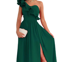 Vente en gros Robe élégante fendue haute dos nu sans manches à volants ourlet ample plissé à la mode Robes longues pour femmes à épaules dénudées