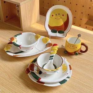 Ensemble de vaisselle en céramique pour enfants, bol, assiette, tasse, cuillère, sans BPA, passe au lave-vaisselle, imprimé animal mignon, boîte cadeau - Product Image 1