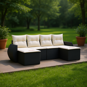 Ensemble de canapés de jardin en rotin d'extérieur noir avec coussins crème, design contemporain, résistant à l'eau et aux UV, meubles en osier PE - Product Image 2