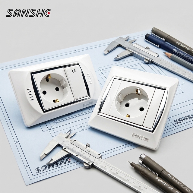 SANSHE 86 120 Tpye PC Panel Electric Wall Switches Sockets Schuko EU Standard Socket 16A 250V Type E France Power Socket Outlet