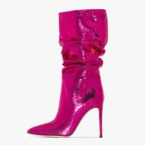 Модный дизайн 2021, женские сексуальные туфли на высоком каблуке с острым носком, блестящие полусапожки из материала для женщин