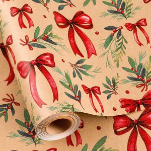 MAYPLUSS Christmas Wrapping Paper 17in X 33ft Kraft Bow Holly Pattern Single Side Reversible Gift <b>Wrap</b> - Product Image 1
