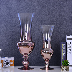 Florero de vidrio con gradiente alto, rampa, trompeta, arreglo transparente, soporte de flores de oro rosa <span class=keywords><strong>para</strong></span> decoración de la sala de estar del hogar - Product Image 1