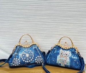 กระเป๋าถือผ้ายีนส์แฟชั่นสำหรับผู้หญิงกระเป๋าสะพายไหล่สายเดี่ยวมีเข็มกลัดเพชรรูปนกฮูกและเป็นประกายสำหรับการใช้งานทุกวัน - Product Image 4