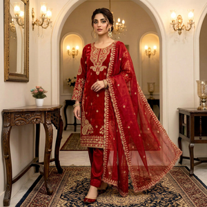 Traje Palazzo de Cristal Azul Turquesa, Rosa y Rojo Intenso con Bordado Romano para Mujer, Conjunto Kurti Palazzo de Secado Rápido para Boda/Fiesta - Product Image 1
