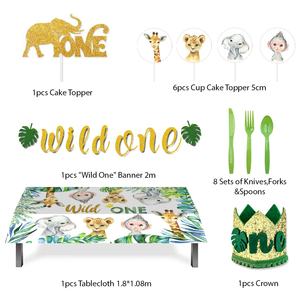 Décorations de fête d'<span class=keywords><strong>anniversaire</strong></span> pour enfants sur le thème de la jungle Nicro, comprenant un fond de scène, une <span class=keywords><strong>nappe</strong></span>, une bannière, des articles de table en papier et des décorations de table - Product Image 4