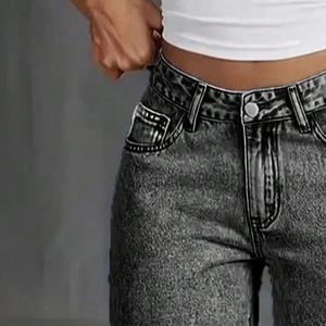 Jean thermique ample à jambe large et taille haute pour adolescentes, coupe droite décontractée, en denim délavé vintage, toutes saisons, sur mesure - Product Image 3