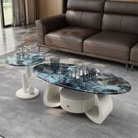 Table basse en pierre microcristalline avec cadre métallique, style luxe moderne, espace de rangement, design incurvé pour petit appartement