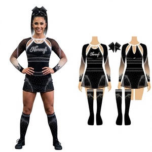 Ensemble d'uniformes de cheerleading noir avec strass, imprimé par sublimation, robe à manches longues et chaussettes hautes pour adultes - Product Image 1