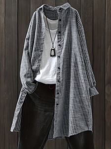 Neue Damenmode Locker Sitzende Leinen-Streifenbluse Lässiges Langarm-Midibluse mit Taschendetail Modischer Pendler-Stil - Product Image 4