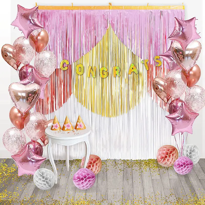 EAGLEGIFTS Customized Heart Shaped Balloon Decoration Foil Tinsel Backdrop Golden Pink Matte Foil Door Window Fringe Curtains