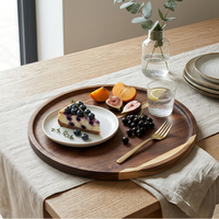 Plateau de service rond en bois d'acacia sur mesure avec rebord surélevé pour café, charcuterie, dessert, décoration intérieure et usage hôtelier