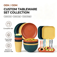 Ensemble de vaisselle portable pour le camping en plein air, assiettes, tasses, couteaux, fourchettes, cuillères, style minimaliste rayé en plastique peint à la main, transfrontalier