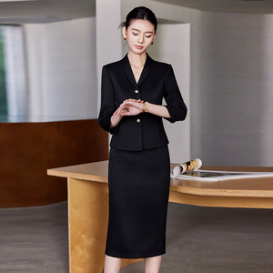 Elegant Women Work Uniform Suit Set Three-Quarter Sleeve Black Polyester Anti-Wrinkle Spring 2025 Office Professional Wear - Product Image 1