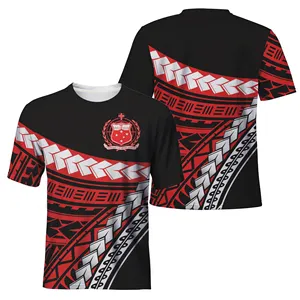 ポリネシアンアメリカンサモア国旗部族B & WレッドパターングラフィックTシャツメンズブラック特大グラフィックカジュアルTシャツ男性用