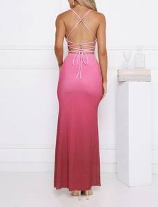 Vestido Maxi Feminino com Alças Finas em Gradiente Rosa e Vermelho com Lantejoulas, Vestido Bodycon para Festa, Vestido Formal Costas Descobertas - Product Image 5