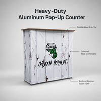 Comptoir pliable en aluminium, bureau de réception portable pour conférences, podium pour salons professionnels et expositions avec plateau en bois
