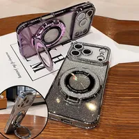 Casing Ponsel dengan Bracket Magnetik Berkilau untuk 18/17/16/15/11/12/13/14/13, Silikon Kaca Temper Berlian Berkilau
