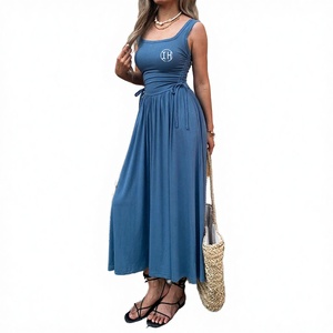 Vestido Largo Casual sin Mangas para Mujer, Cuello Cuadrado, Cintura con Cordón, Estampado Azul, Línea A, Verano, Playa, Ecológico, Lavable - Product Image 3