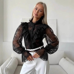 <span class=keywords><strong>Blusa</strong></span> Elegante de <span class=keywords><strong>Fiesta</strong></span> para <span class=keywords><strong>Mujer</strong></span> con Volantes de Encaje, Manga Larga Acampanada, Cuello Alto y Botones - Product Image 2