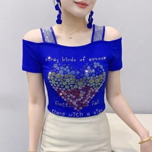 T-shirt da <span class=keywords><strong>Donna</strong></span> Personalizzabile <span class=keywords><strong>con</strong></span> Fiori e Strass, Top <span class=keywords><strong>con</strong></span> Spalle Scoperte e Paillettes Lucide, Maglietta a Maniche Corte per Discoteca e Feste - Product Image 5
