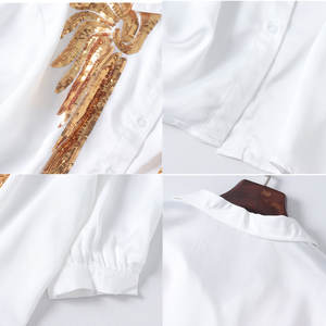 Camicette da donna personalizzate OEM camicie bianche con scollo <span class=keywords><strong>a</strong></span> V <span class=keywords><strong>a</strong></span> <span class=keywords><strong>maniche</strong></span> corte con ali di paillettes dorate abbottonate top estivi abiti estivi - Product Image 6