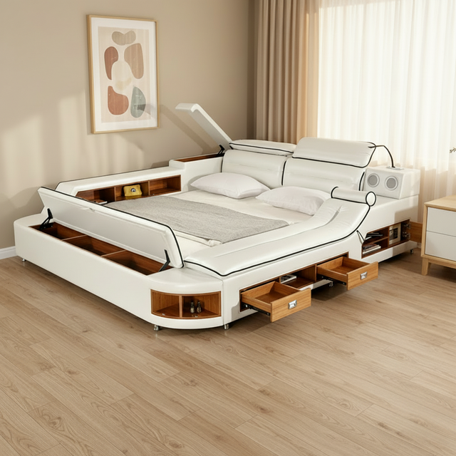 Luxury Smart Bed With Storage, Massage and Speaker, Modern Leather Bed With Adjustable Headboard and Safe Box
