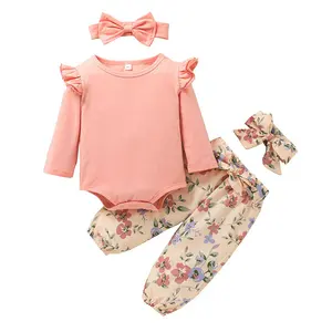 Newborn Baby Girls Clothes 6-12 Month Infant Girl Knitted Red Floral Ruffle Long Sleeve Cotton Baby Clothes Rompers Set