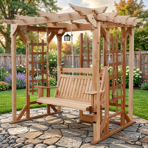 Conjunto de Sillón Columpio de Madera Ecológica con Diseño Tradicional y Cojín No Impermeable para 2 Personas, para Patio - Product Image 2