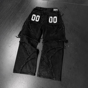 Jeans Anchos Negros Desgastados con Bordado para Hombre, Pantalones Vaqueros de Estilo Gótico Extra Grandes con Flecos y Detalles Gráficos - Product Image 3