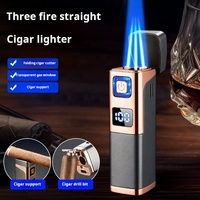 Briquet torche à flamme jet électrique triple bleu portable en gros, rechargeable, logo personnalisé, cadeau d'affaires pour fumer des cigarettes