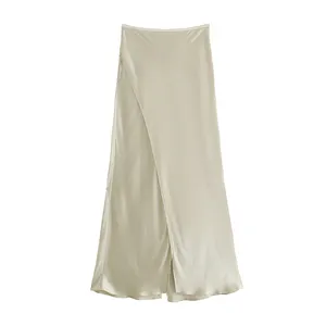 Western Style Stylish Front Slit Beige Farbe Elastische Taille Frauen Sommerferien Lange Maxi röcke