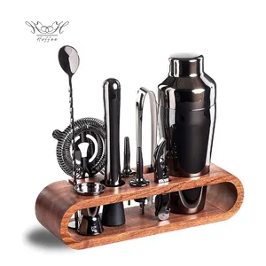 Luxury Gunmetal Black Cocktail Shaker Set With Bamboo Stand Mixologist Cocktail Equipment Kit