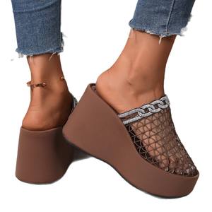 2025 yeni yaz moda Mesh Rhinestone Hollow nefes avrupa-amerikan büyük boy kalın alt kama sandalet - Product Image 6